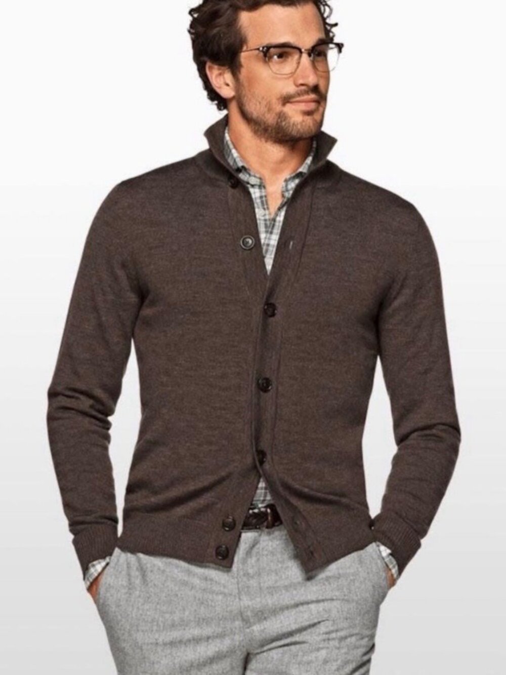 New Suitsupply 100% Merino Wool Fine Knit Button Up Cardigan L Brown Mock Neck